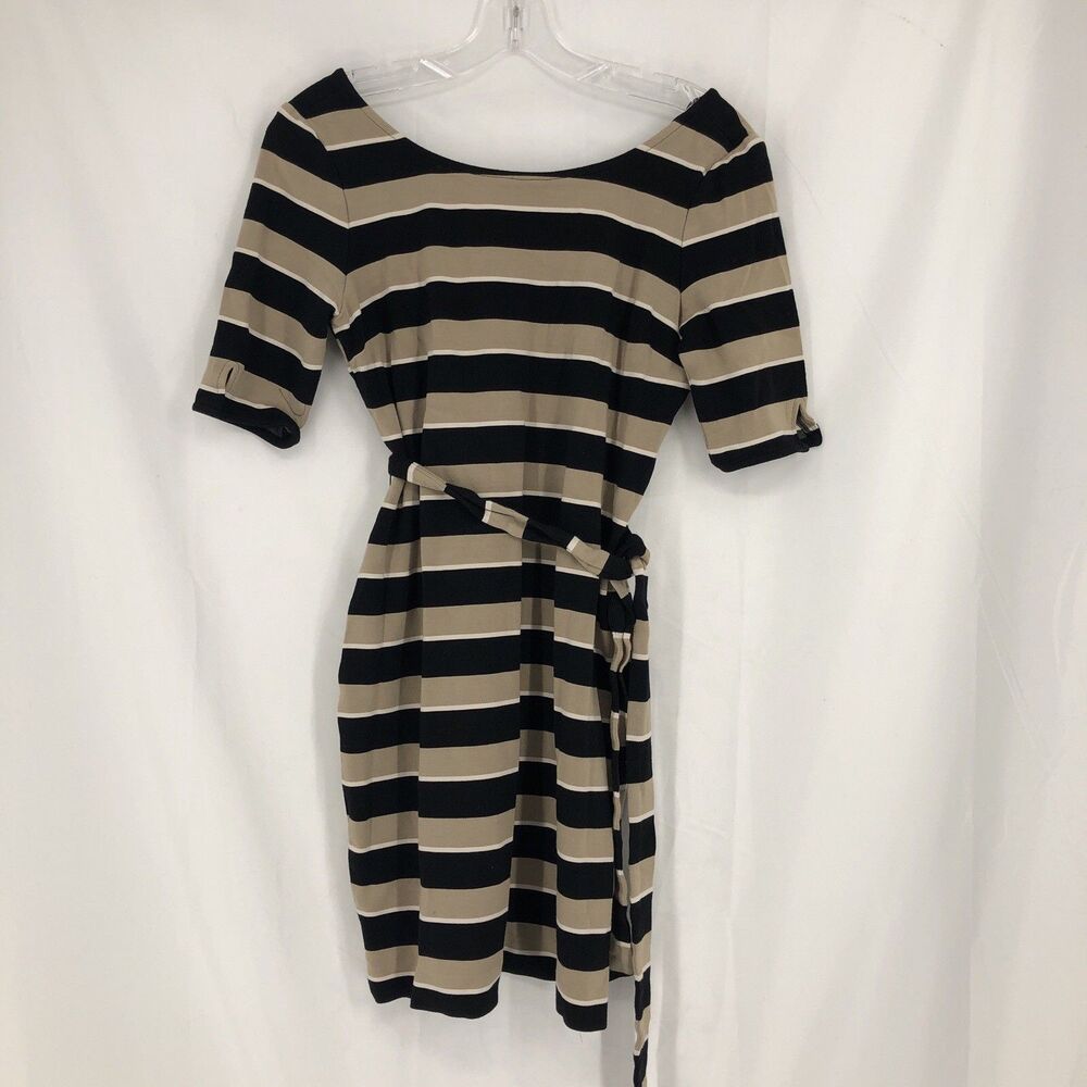 Banana Republic Women’s Black Tan Striped Boat Neck Dress Casual Classic Small